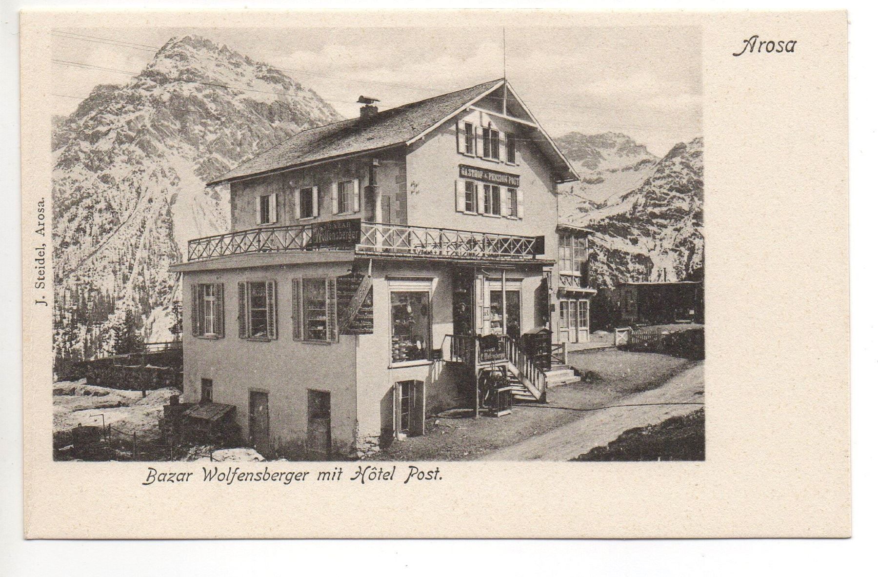 Cartoline postali: AROSA Bazar Wolfensberger mit Hotel Post – Nuovo (secondo la descrizione) da Jona venduto da philajona