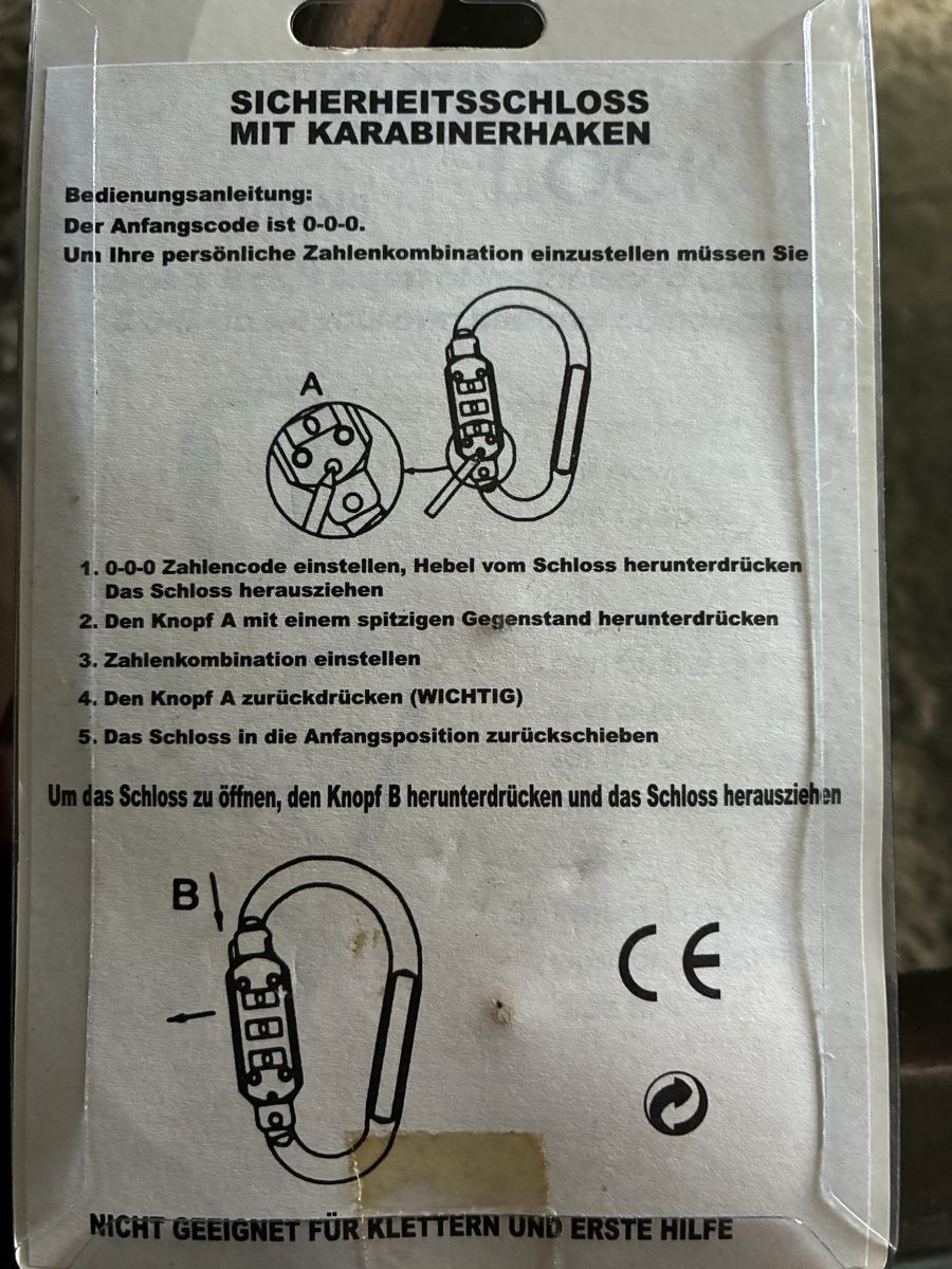 Attrezzatura da arrampicata: Schloss mit Karabinerhaken und Zahlencode neu – Nuovo e nell'imballaggio originale da Oberrüti venduto da Jomaru 1