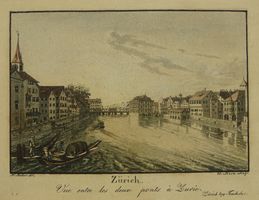 ZÜRICH ZWISCHEN DEN 2 BRÜCKEN, ALTKOLORIERTE AQUATINTA UM 18