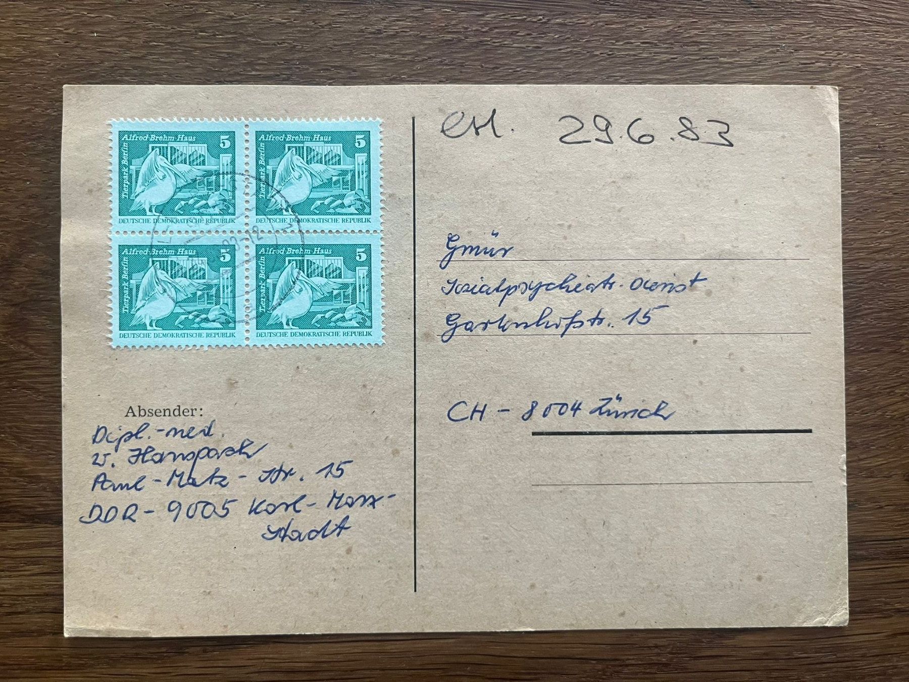 Tutti i francobolli: Ansichtskarte DDR mit 4 Briefmarken Tierpark Berlin, Top – Usato da Schlieren venduto da mki_xfh9
