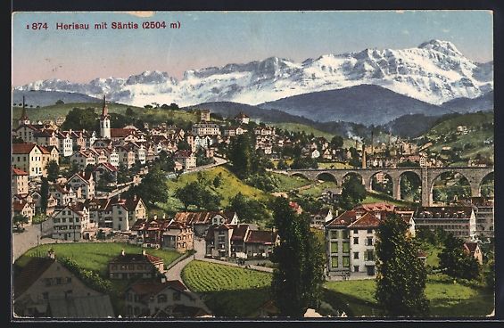 Cartoline postali: AK Herisau, Teilansicht mit Säntis – Usato da Berlin venduto da bartko-reher