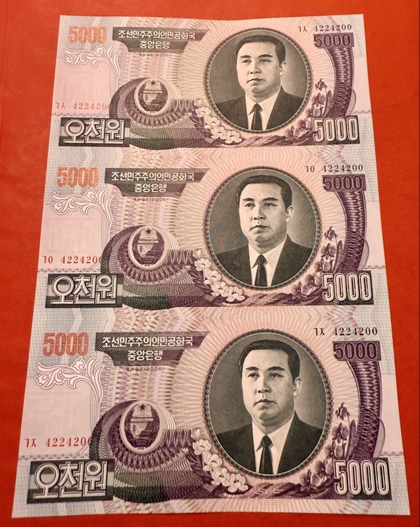 Nordkorea 5000 Won Banknote, 3 Stk., Top Zustand, Rarität (Gebraucht ...