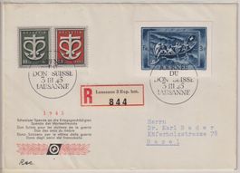 Schweiz: Brief 1945 mit Ausschnitt Kriegsgeschädigtenblock