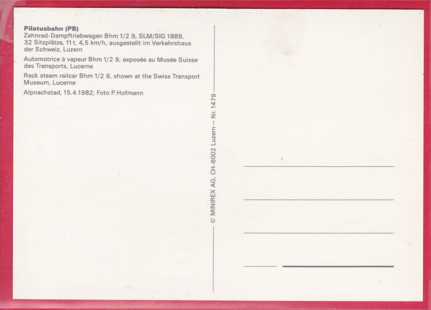 Cartoline postali: PILATUSBAHN, ZAHNRAD-DAMPFTRIEBWAGEN – Usato da Oberrieden venduto da Gebirgsstelze 1