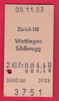 KARTON BILLETT, ZÜRICH HB - SIHLBRUGG, 2.KLASSE, EINFACH