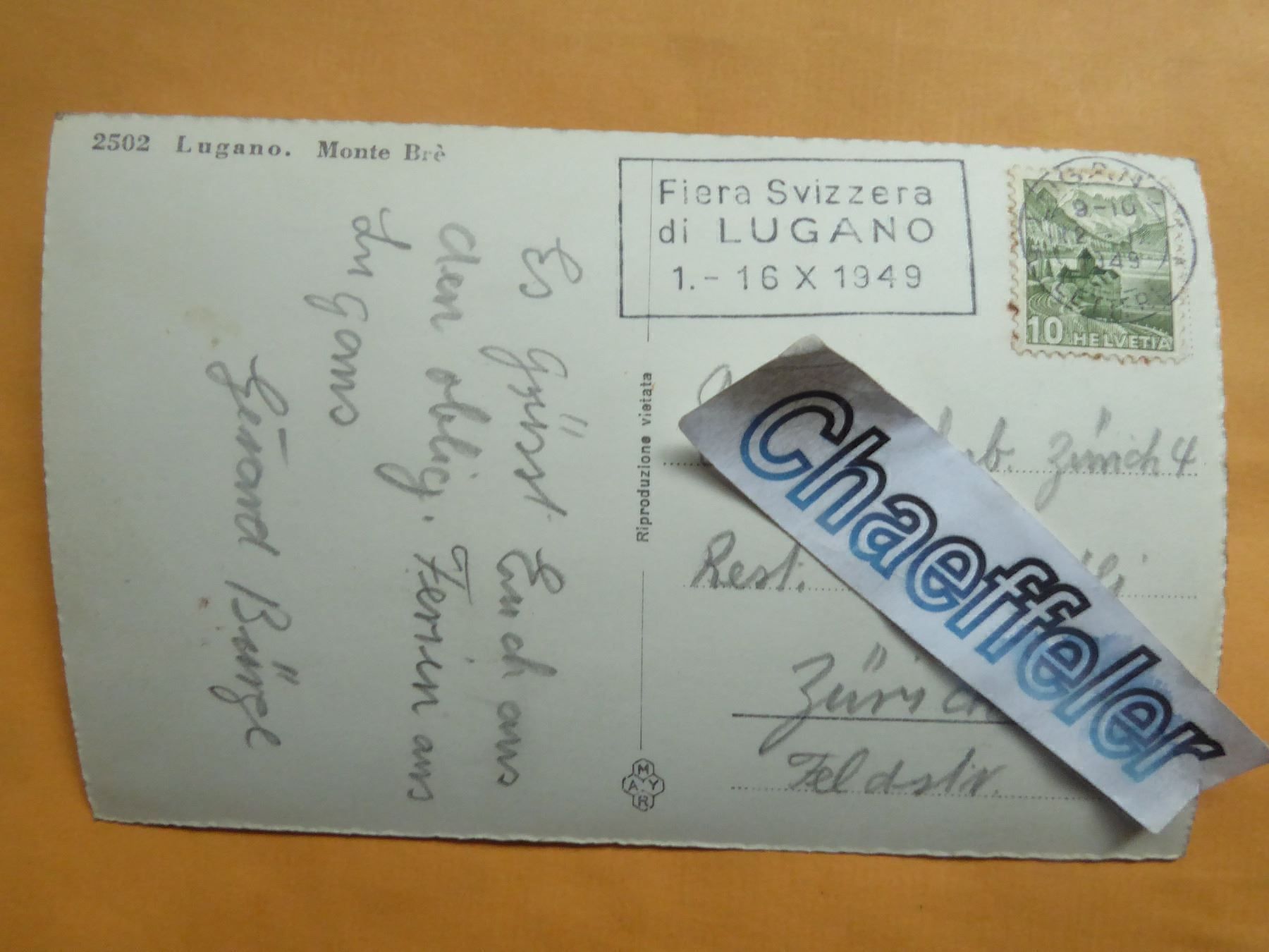 Ansichtskarten: 1949  2502 Lugano. Monte Brè – Gebraucht aus Zürich von Chaeffeler 1