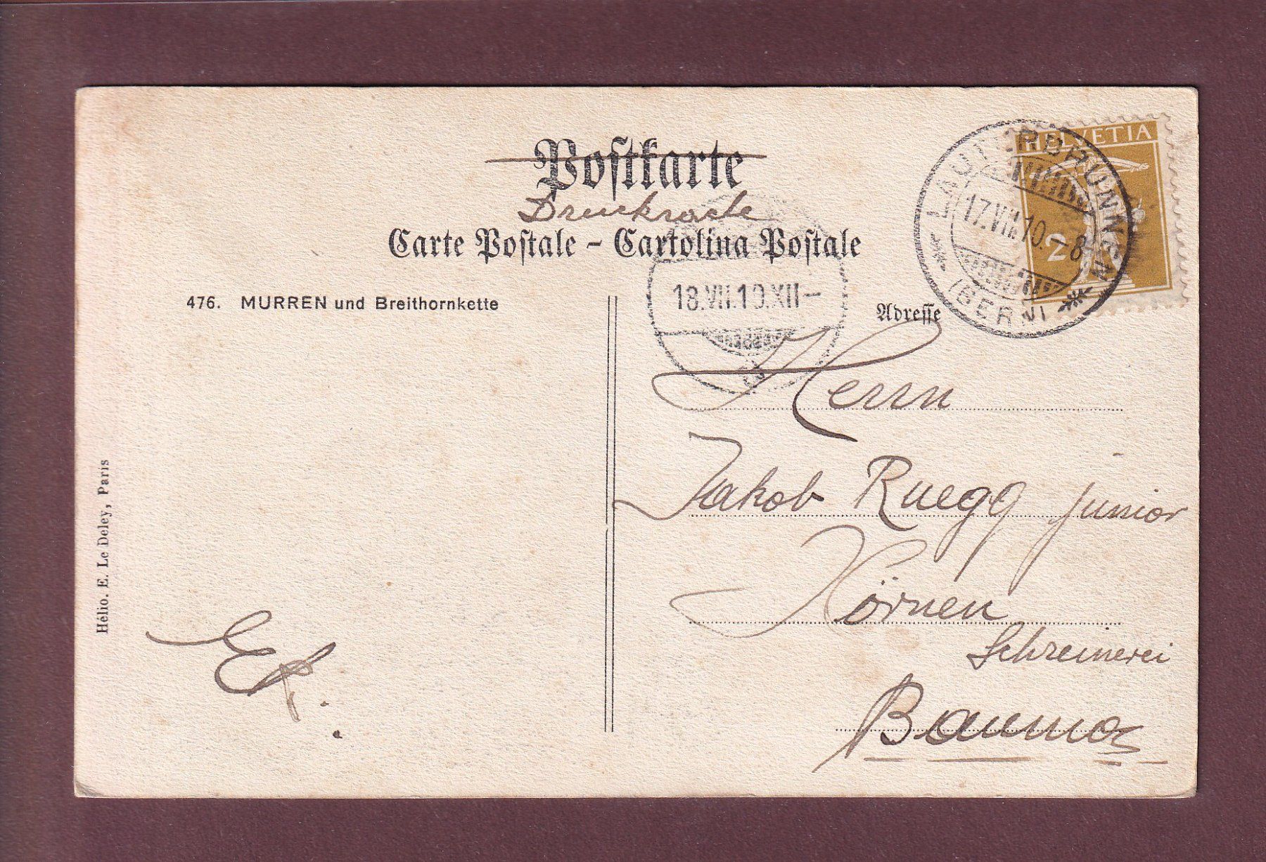 Ansichtskarten: MÜRREN und Breithornkette - 1910 – Gebraucht aus Pully von nicecards 1
