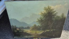 Ölgemälde Landschaft mit Figur und Bergmotiv, unrestauriert