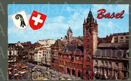 AK color Basel BS Marktplatz,Rathaus, 2 VW-Bus T1 ≈ 1960