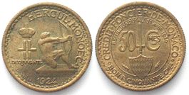 MONACO 50 centimes 1924 LOUIS II Alu-Bro qFDC!