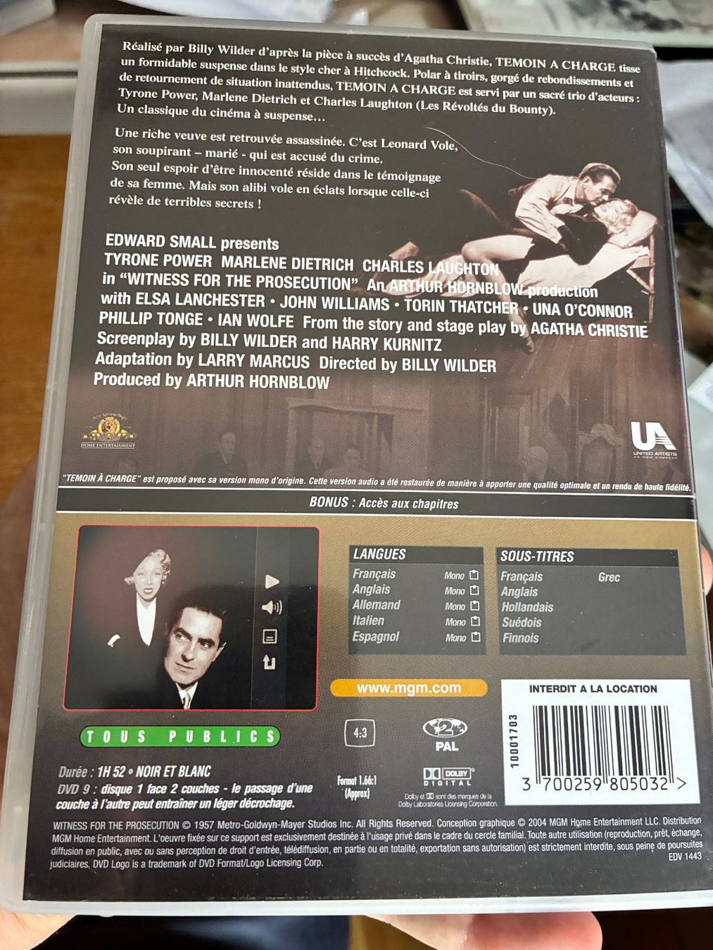 Tutti i DVDs: Témoin à charge (1957, DVD, ) – Usato da Vevey venduto da zecollector 1