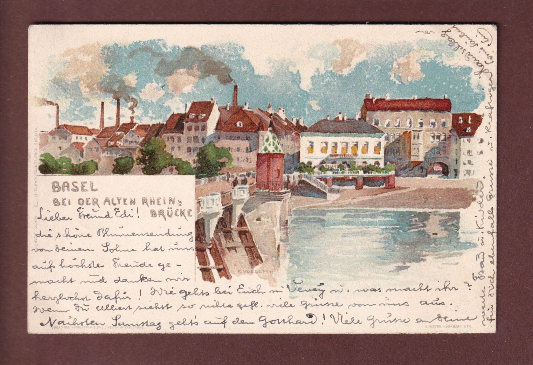 Cartoline postali: BASEL - Bei der alten Rheinbrücke - 1902 – Usato da Pully venduto da nicecards