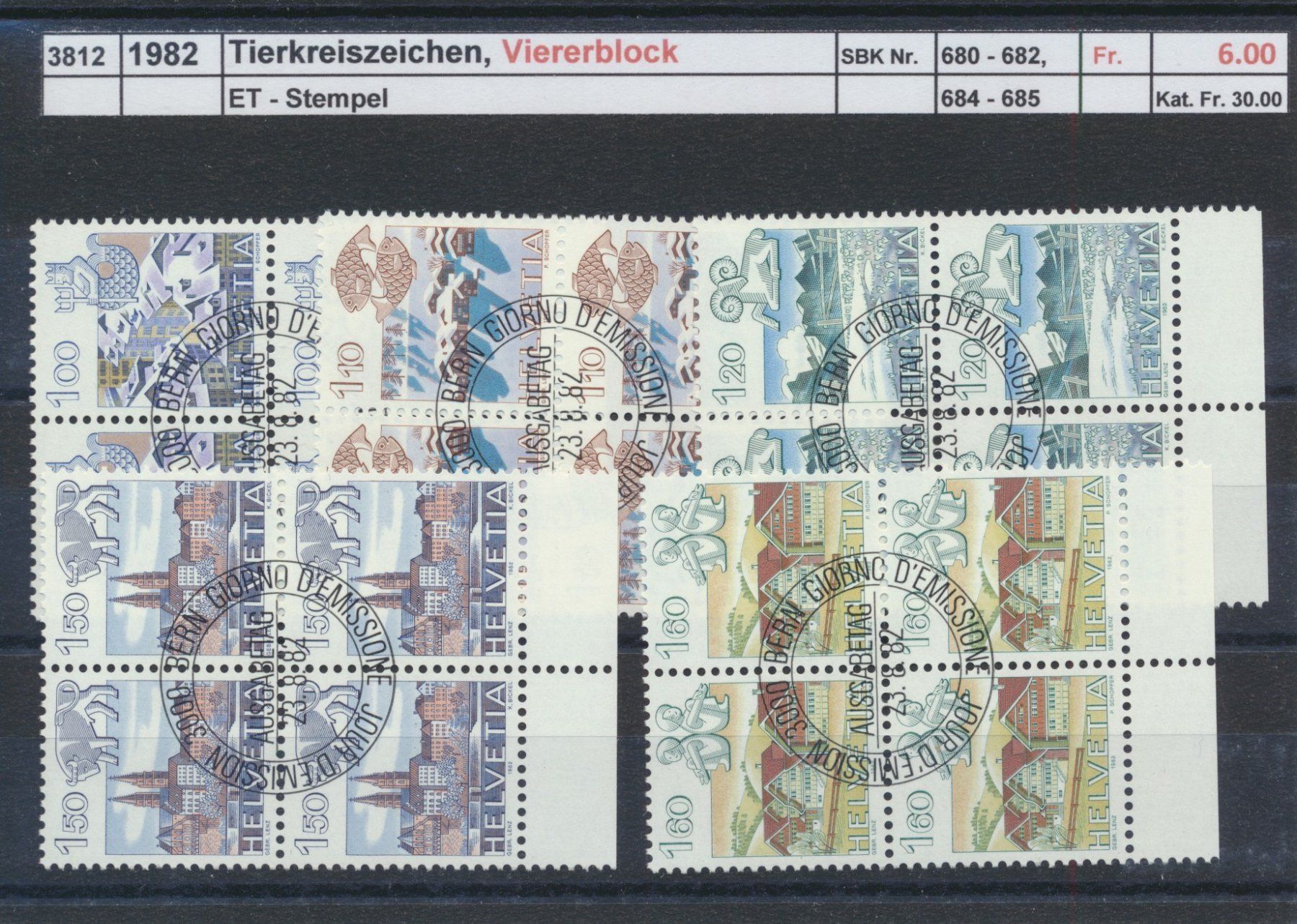 Tutti i francobolli: 1982 "Tierkreiszeichen -1982", Viererblock, ET- Stempel – Usato da Winterthur venduto da Zupogeru