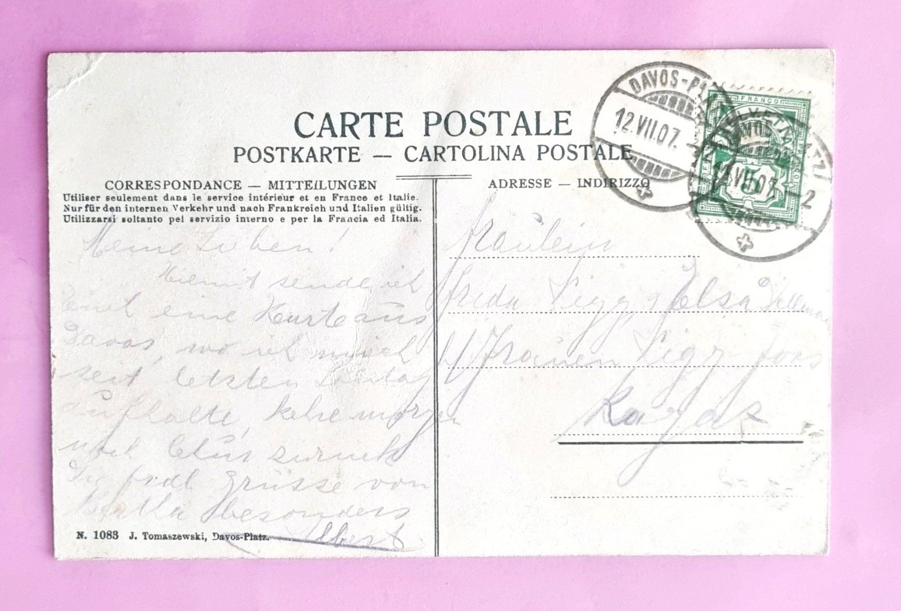 Cartoline postali: Davos - Am Platz - Hotel Rhätia - 1907 – Usato da Rothrist venduto da RROENK 1