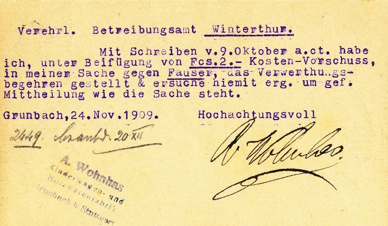 Cartoline postali: Grunbach - Postkarte Stempel nach Winterthur + 1909 – Usato da Emmenbrücke venduto da teestube 1