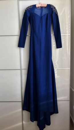 Elegant Blue Evening Gown with Beaded Shoulders - Size S 👑