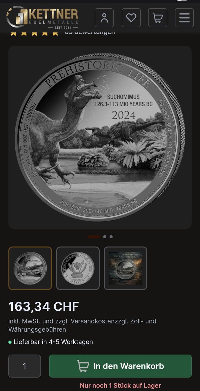 Tutti le monete: 1 OZ Silber / Suchomimus / High Relief / ab 1.- – Nuovo e nell'imballaggio originale da Grenchen venduto da Grenchen_Coins 2