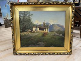 Antikes Ölgemälde „Kapelle in Berglandschaft“, E. Witzig