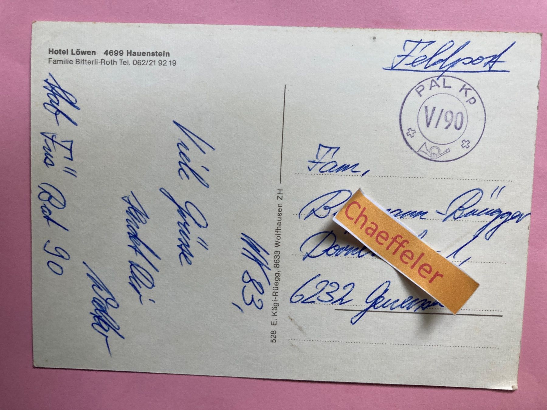 Cartoline postali: Feldpost. Hotel Löwen, 4699 Hauenstein – Difettoso da Zürich venduto da Chaeffeler 2