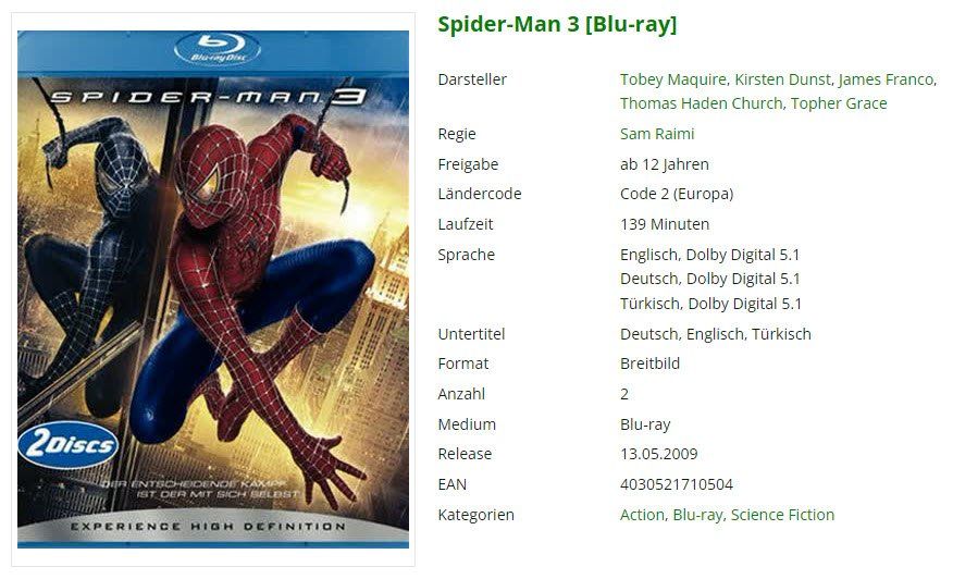 Tutti i DVDs: Spider-Man 3 (Bluray) – Usato da Buchrain venduto da Sssschaller