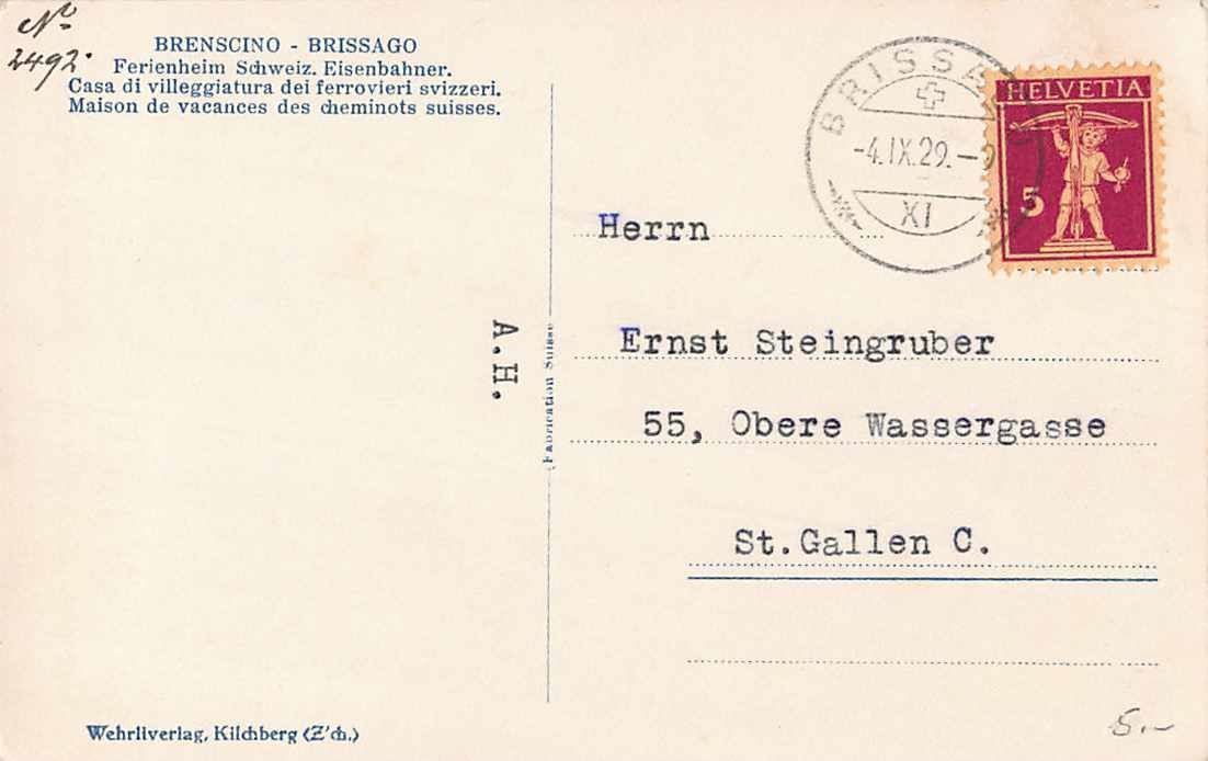 Cartoline postali: Saluti da BRENSCINO 1929 EISENBAHNER – Usato da Winterthur venduto da SchatzchischtliWinti 1