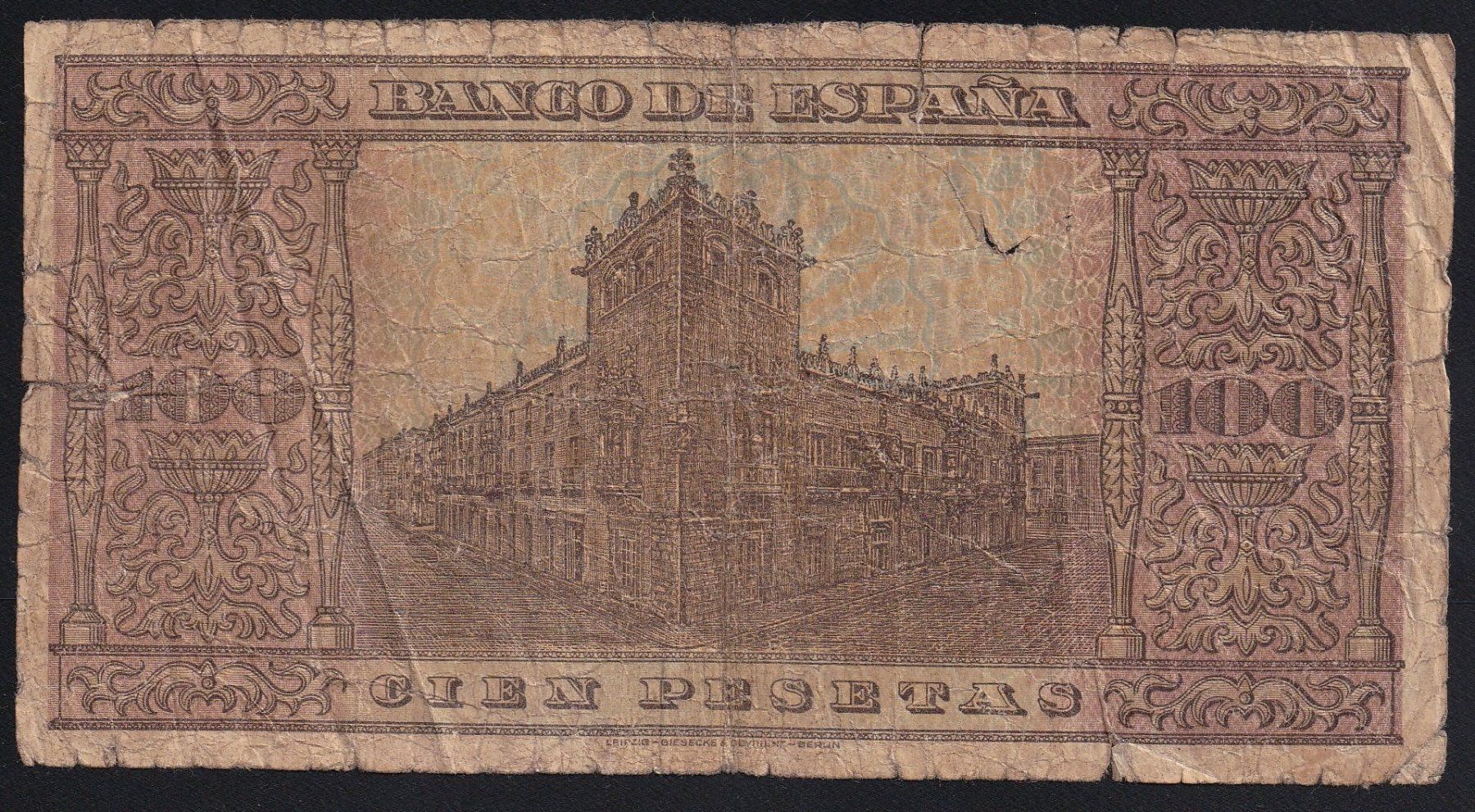 Banconote: Spanien 100 Pesetas 1938 – Usato da Brugg AG venduto da banknoten_muesli 1