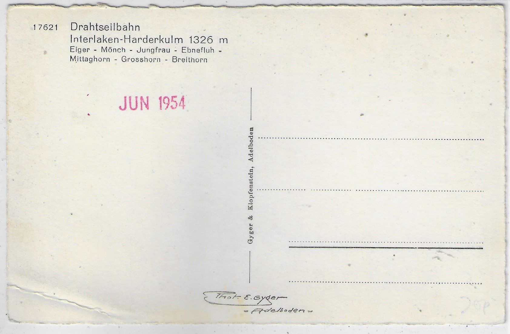 Cartoline postali: Drahtseilbahn Interlaken-Harderkulm - Photo: E. Gyger – Usato da Ettingen venduto da Kartenplanet 1