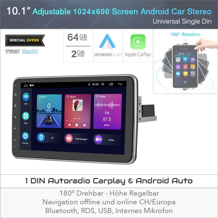 Single 1 DIN drehbar 10.1'' Touch Screen Autoradio Android 13 GPS