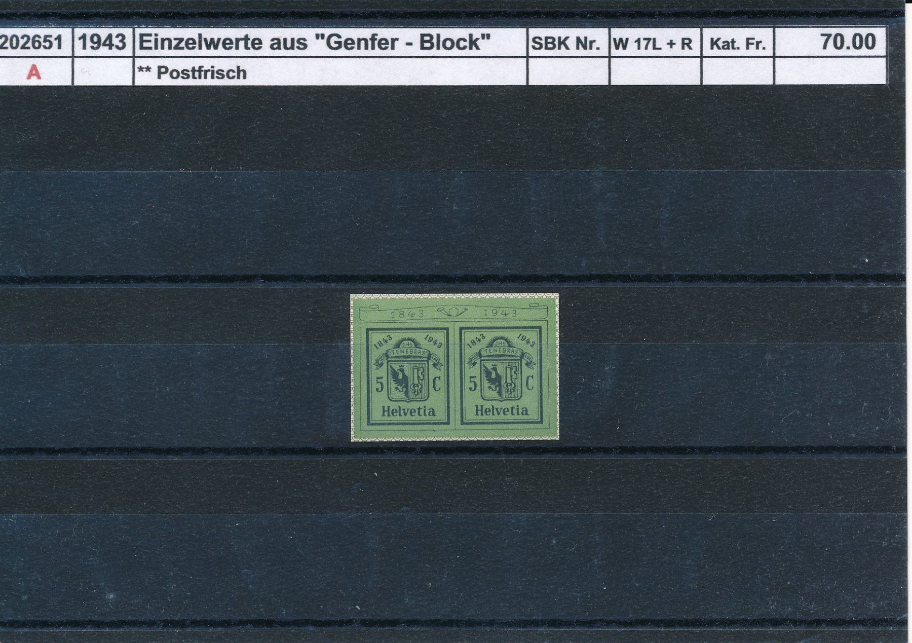 Tutti i francobolli: 1943 Einzelwerte aus "Genfer - Block", ** postfrisch – Nuovo (secondo la descrizione) da Winterthur venduto da Zupogeru