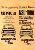 Litfass- Werbeplakat von 1953 « NSU - 1000 » - 44 x 31cm