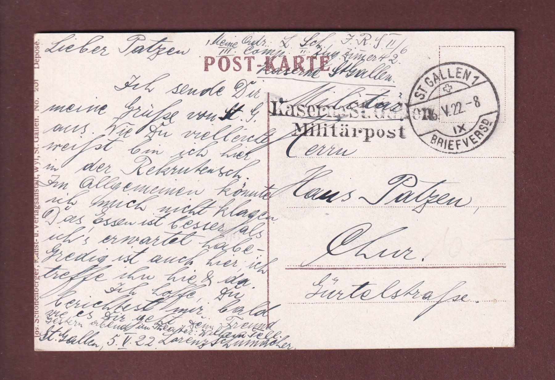 Ansichtskarten: ST. GALLEN - Kaserne - 1922 Feldpost – Gebraucht aus Pully von nicecards 1