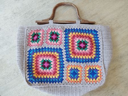 Handmade Crochet Granny Square Bag with Wooden Handles