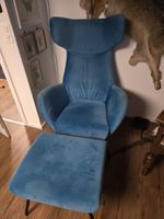 Ohrensessel mit Hocker blau Samt guter Zustand