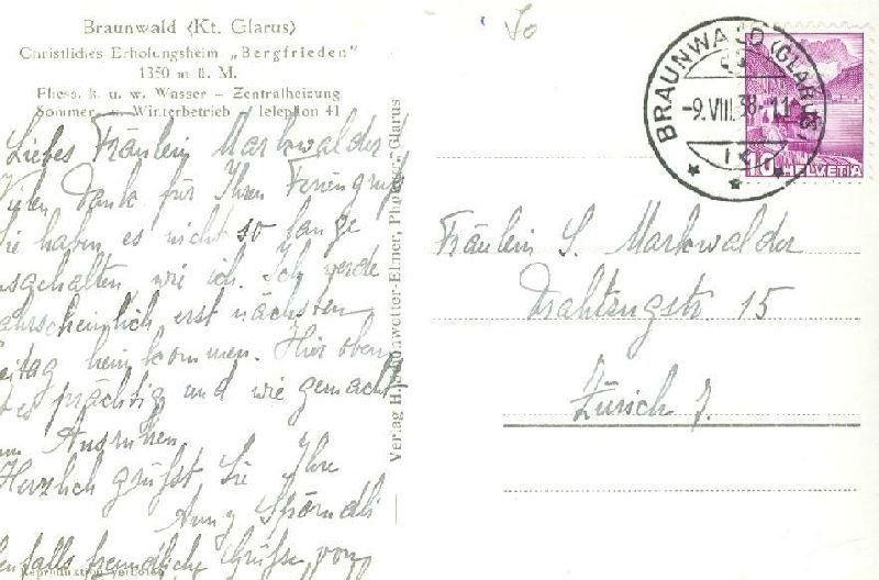 Cartoline postali: Braunwald - Pension Bergfrieden + 1938 – Usato da Emmenbrücke venduto da teestube 1