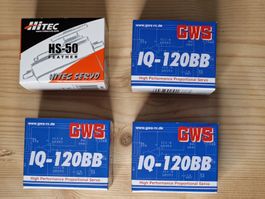 4 Servos: 1 x Hitec HS-50 Feather + 3 x GWS IQ-120BB
