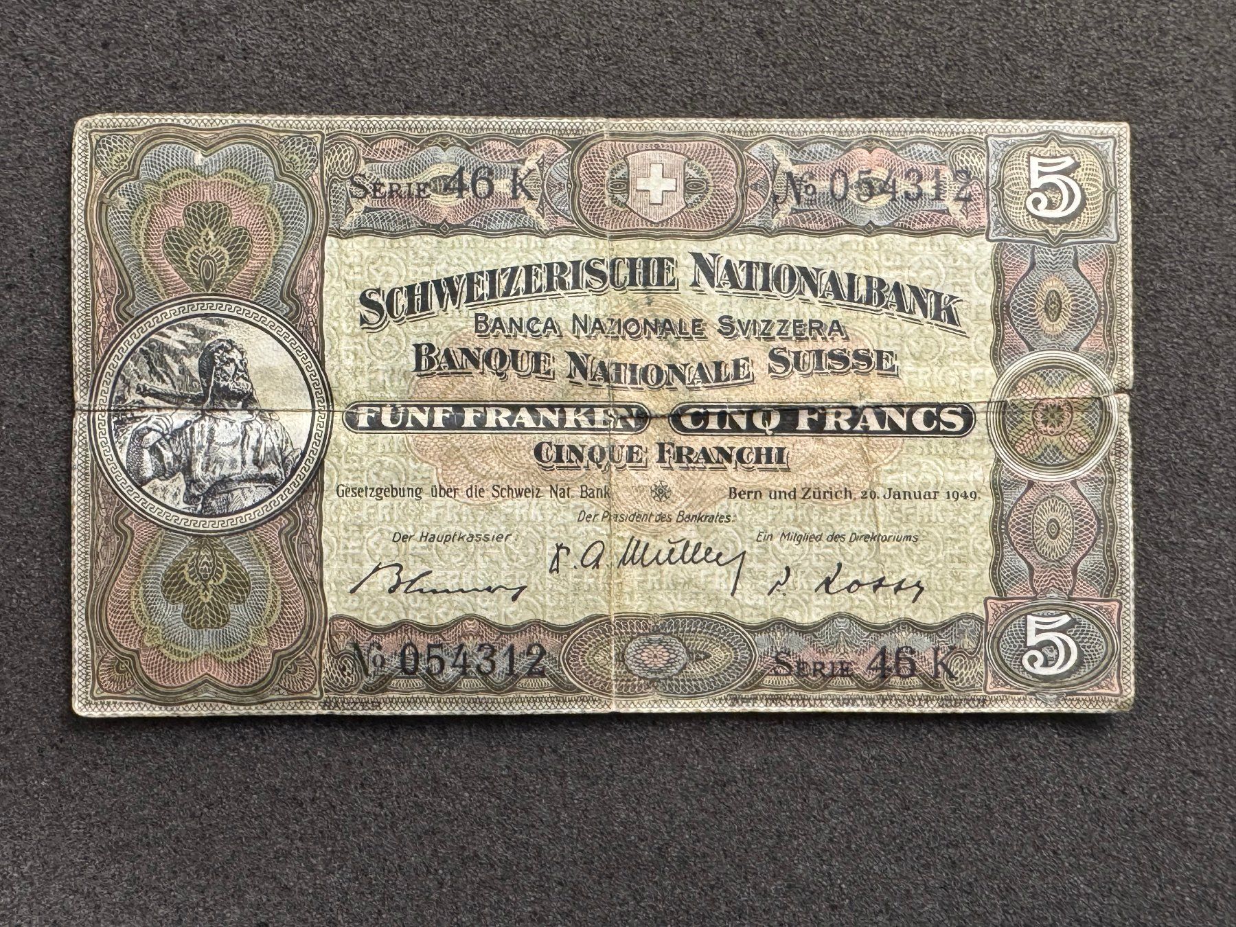 Banconote: 5 Franken Tell 1949 – Usato da Reitnau venduto da tb-muenzen
