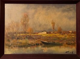 Dipinto olio su tela, paesaggio fluviale, XX secolo