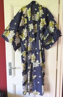 ASIACO : Long kimono Yukata coton indigo fleurs jaunes S/M/L