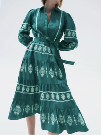 Zara Emerald Green cotton Tiered Midi Dress size S new