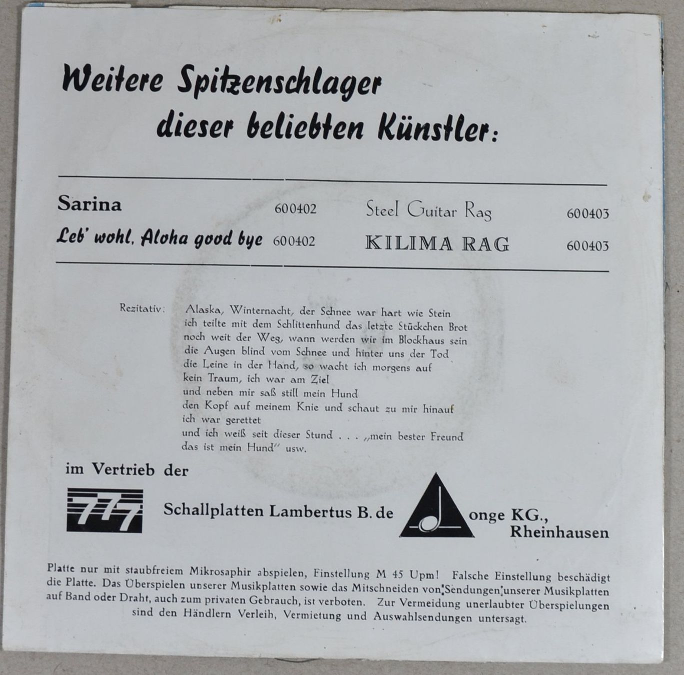 Schallplatten: Single: KILIMA HAWAIIANS - Der Schlittenhund – Gebraucht aus Frenkendorf von Yard-Sale-2000 1