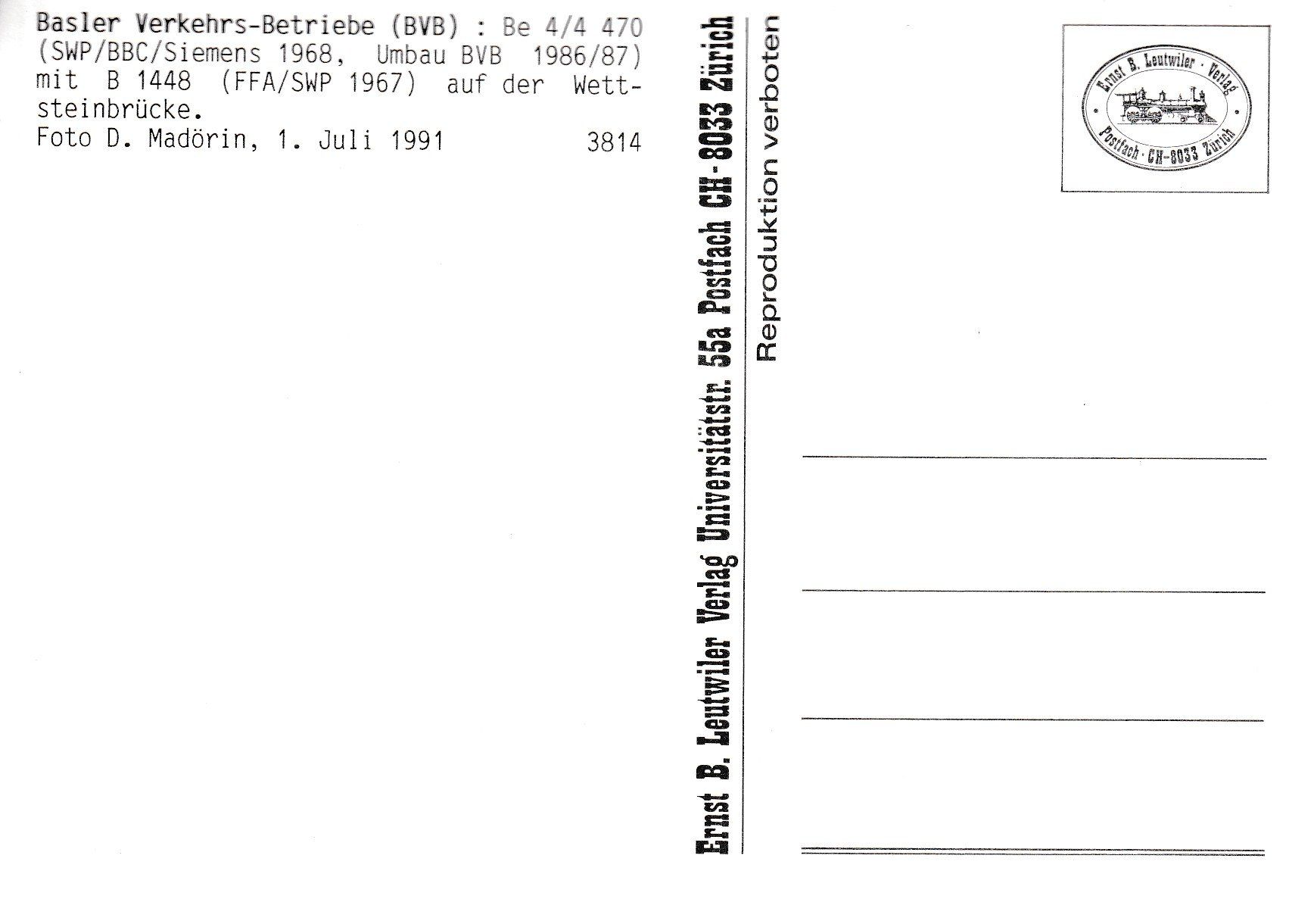 Cartoline postali: Strassenbahn Basel BVB Be 4/4 470 + B 1448 – Nuovo e nell'imballaggio originale da Ettingen venduto da Pantograph163 1