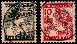 1915, Pro Juventute "Trachtenbilder" Nr. J2-3 gestempelt.