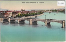 Basel - Mittlere Rheinbrücke mit Kleinbasel - Litho