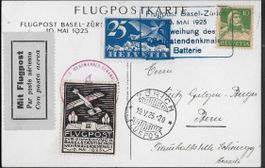1925 Karte Flugpost BASEL-ZH F5+Tell 10c mit VIGNETTE ab 1.-