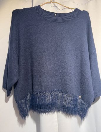 Kurzarm-Pullover / Shirt mit Fransenanbschluss in dunkelblau