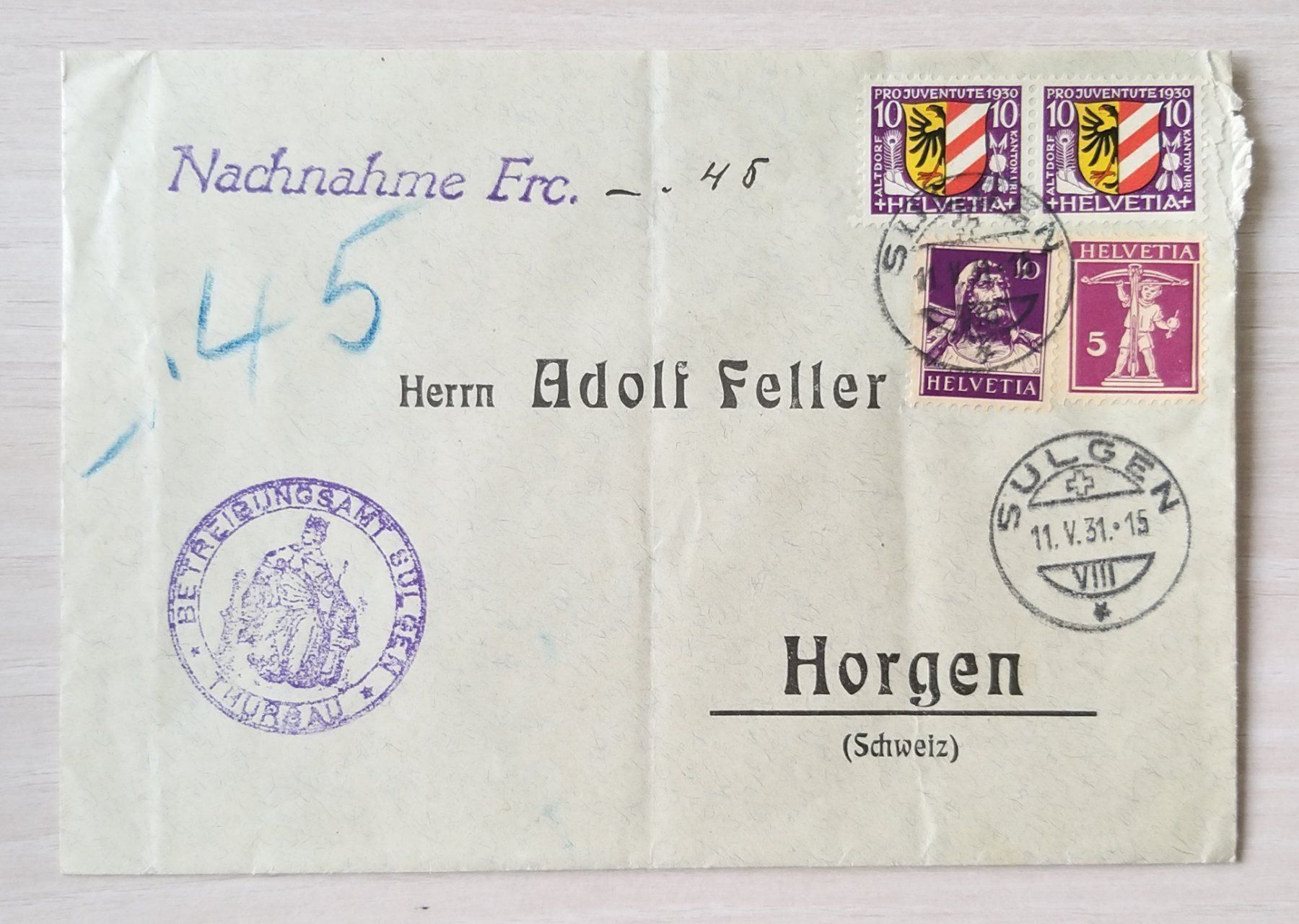 Alle Briefmarken: Betreibungsamt Sulgen 1931 – Gebraucht aus Unterägeri von PhilatelieStudiger