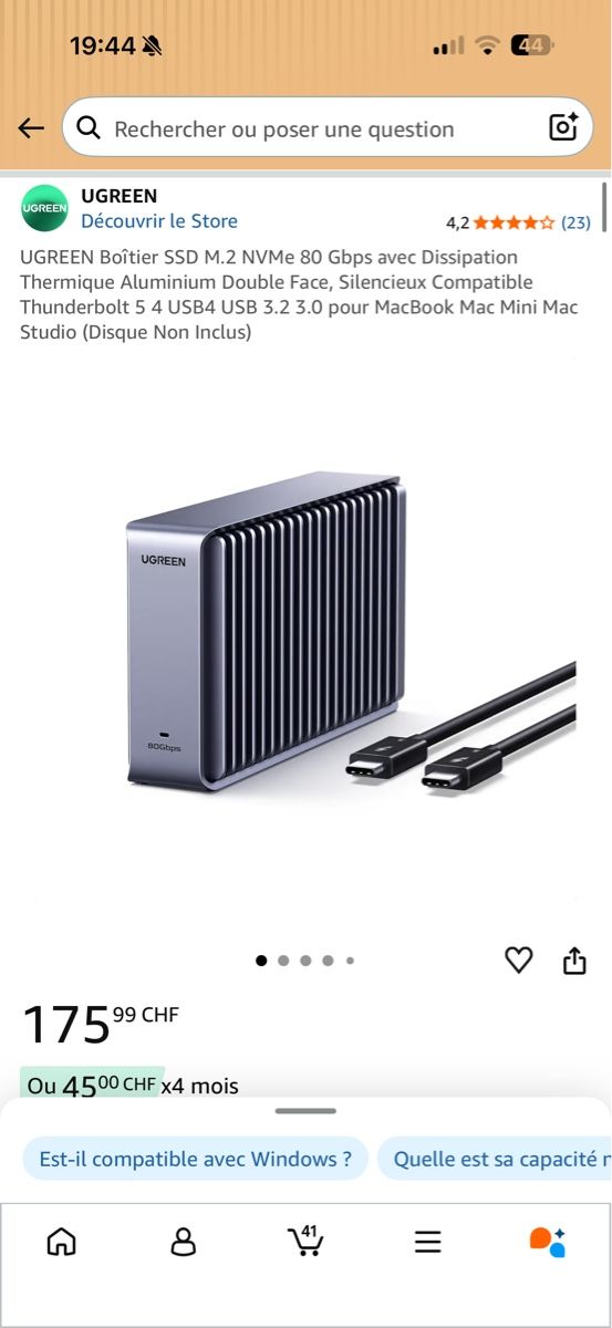 Ugreen Dischi rigidi: Boîtier SSD M.2 UGREEN 80Gbps Thunderbolt 4 USB4 NEUF – Nuovo e nell'imballaggio originale da Lausanne venduto da gio_qwg7