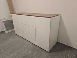 White dresser with wooden top 1 door and 6 drawers