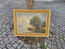 Gemälde Untersee Landschaft mit Booten im Rahmen