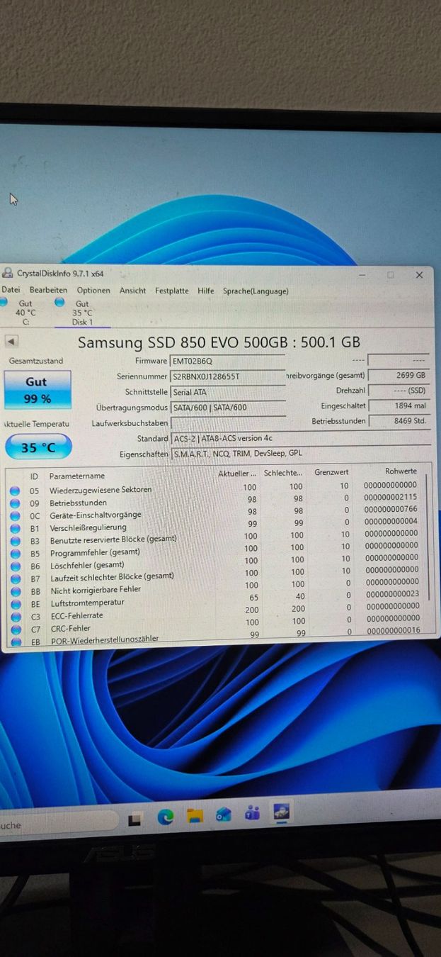 Samsung Harddisks: Samsung 850Evo 500GB SSD – Gebraucht aus Zihlschlacht von vogelgrip 1